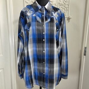 Wrangler Rock 47 Blue and Black Plaid Womans Shirt With Glitter Buttons Size XXL
